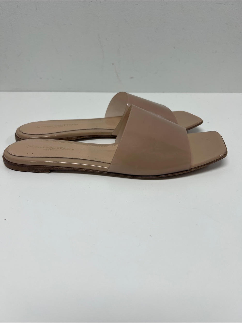 Neutral Patent Slide Sandals with Jelly Upper